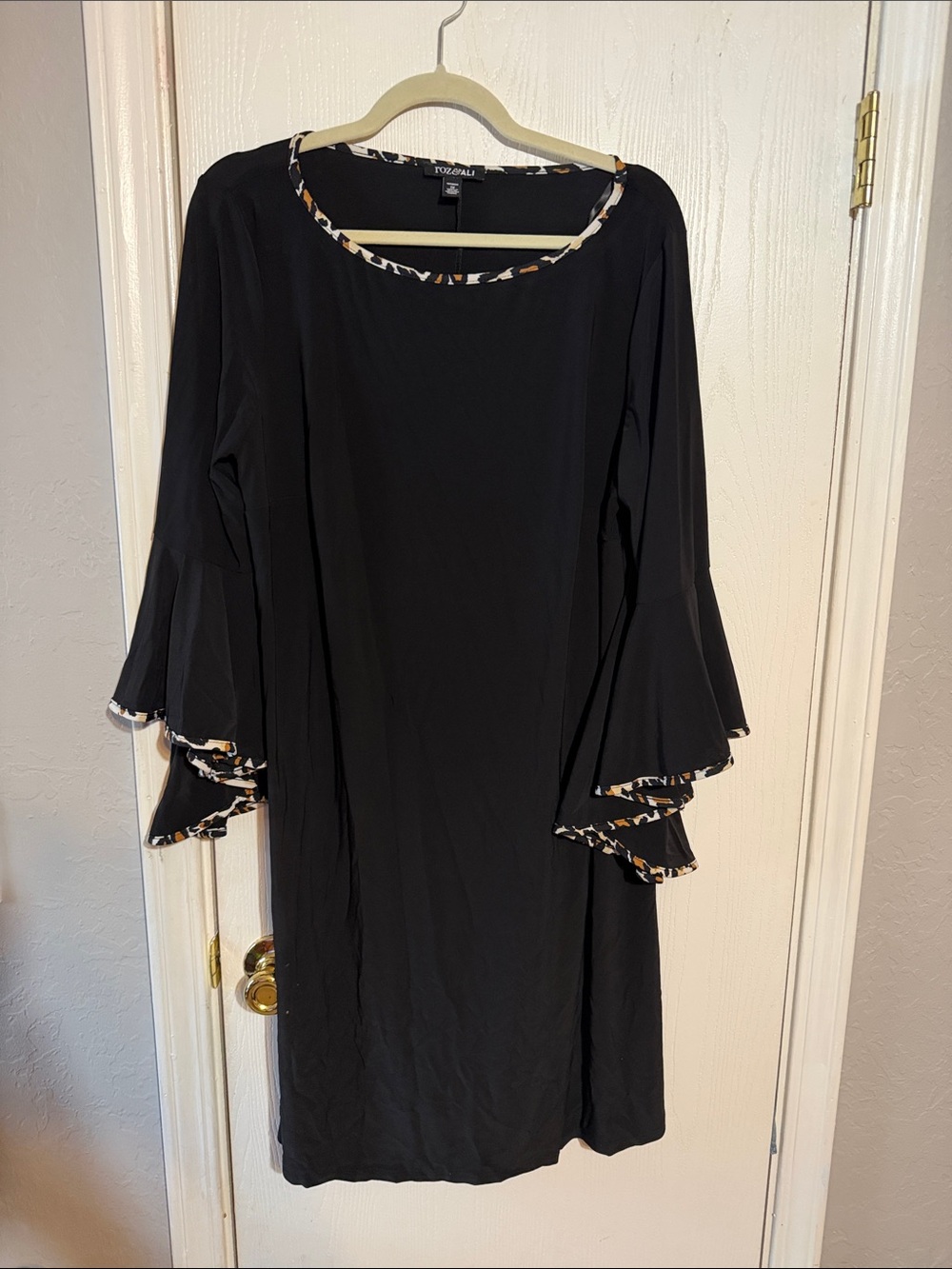 Roz & Ali Black Long Sleeve Ruffle Dress with Printed Trim